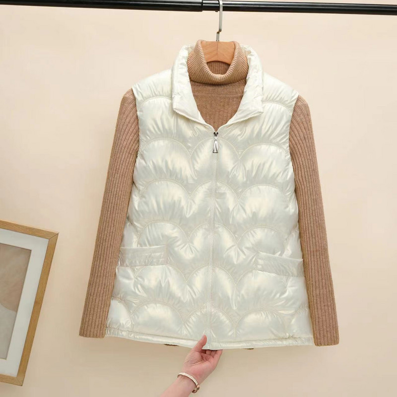 Lesklá bavlnená vesta pre ženy, nová jeseň/zima 2023, kórejský štýl, stojatý golier, bez rukávov, prešívaný kabát bez čistého strihu