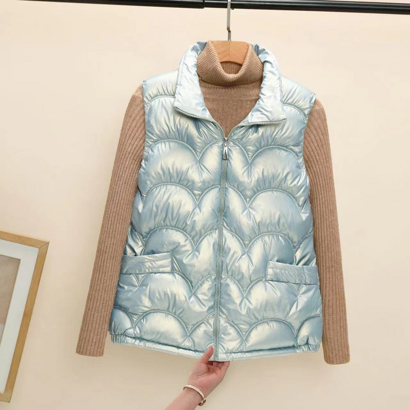 Lesklá bavlnená vesta pre ženy, nová jeseň/zima 2023, kórejský štýl, stojatý golier, bez rukávov, prešívaný kabát bez čistého strihu