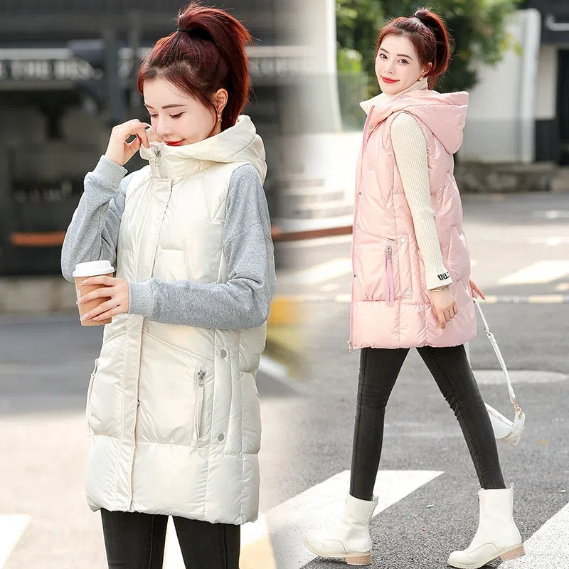 2022. Nova sjajna puhasta pamučna jakna bez rukava srednje dužine Jesen Zima Ženski prsluk pufer kaput Ležeran topli ženski prsluk s kapuljačom