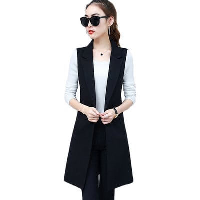 Ilga liemenė Moteriška mada Korėjos Juoda Liemenė Naujas pavasario Rudens Rankovės Blazeriai Liemenė Paltas Striukė Viršutiniai drabužiai Kasdieniai moteriški viršutiniai drabužiai