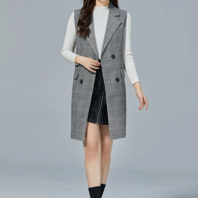 Jarná jesenná dámska vesta, nová módna kockovaná dvojradová bezrukávová bunda, dámska dlhá vesta, vrchné oblečenie Chaleco Mujer