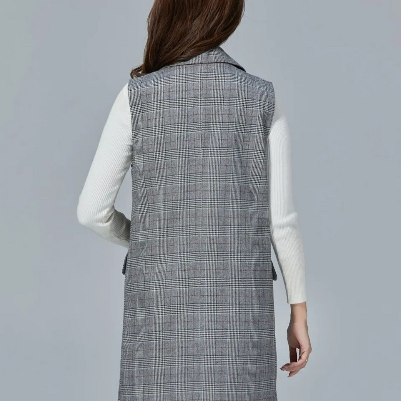 Jarná jesenná dámska vesta, nová módna kockovaná dvojradová bezrukávová bunda, dámska dlhá vesta, vrchné oblečenie Chaleco Mujer