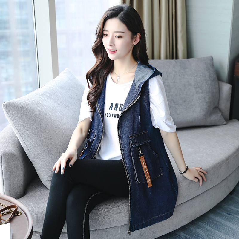 Traper prsluk s vezom Ženska odjeća za proljeće i jesen Široke duge traperice Konjice za konje Ženska modna traper jakna s kapuljačom AA777