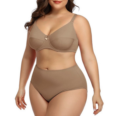 Beauwear 80D-120F Set de lenjerie de marime mare pentru damă Set de lenjerie intimă simplă, ultrasubțire, set de sutien și chiloți cu cupă completă, fără căptușeală
