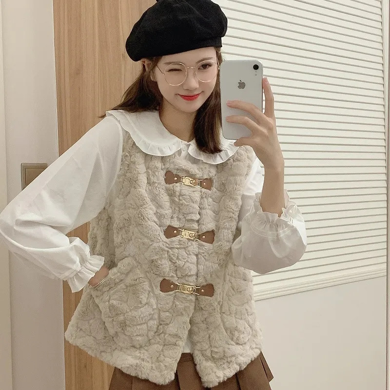 Prsluci od janjeće dlake Ženski jesen-zima Jednobojni kratki prsluci od imitacije zečje dlake Modni novi kaputi bez rukava od umjetnog krzna