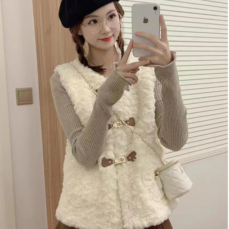 Prsluci od janjeće dlake Ženski jesen-zima Jednobojni kratki prsluci od imitacije zečje dlake Modni novi kaputi bez rukava od umjetnog krzna