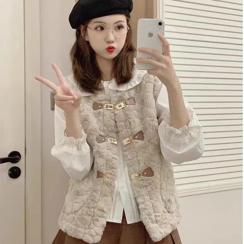 Prsluci od janjeće dlake Ženski jesen-zima Jednobojni kratki prsluci od imitacije zečje dlake Modni novi kaputi bez rukava od umjetnog krzna