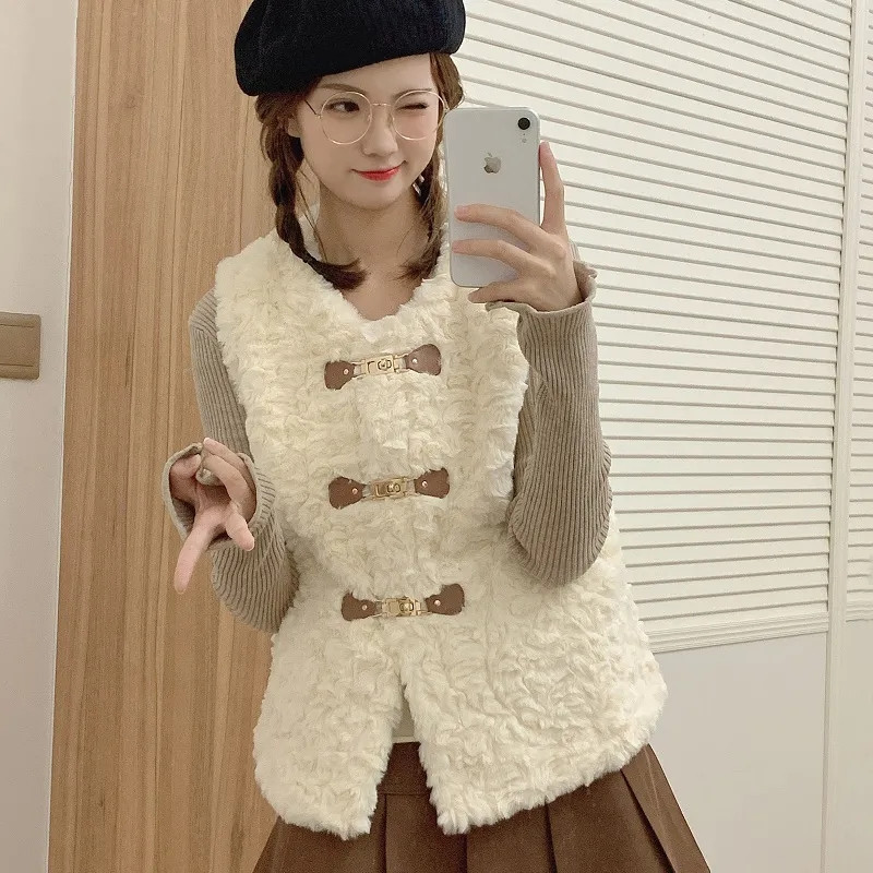 Prsluci od janjeće dlake Ženski jesen-zima Jednobojni kratki prsluci od imitacije zečje dlake Modni novi kaputi bez rukava od umjetnog krzna