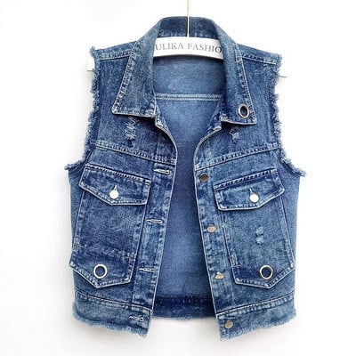 2023 m. Nauja džinsinė liemenė, moteriška korėjietiška džinsų striukė, liemenė, trumpa striukė be rankovių, viršutiniai drabužiai, moteriški viršutiniai drabužiai, 4XL