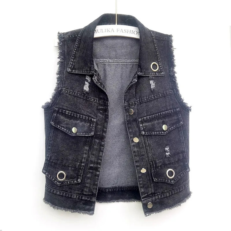 2023 m. Nauja džinsinė liemenė, moteriška korėjietiška džinsų striukė, liemenė, trumpa striukė be rankovių, viršutiniai drabužiai, moteriški viršutiniai drabužiai, 4XL