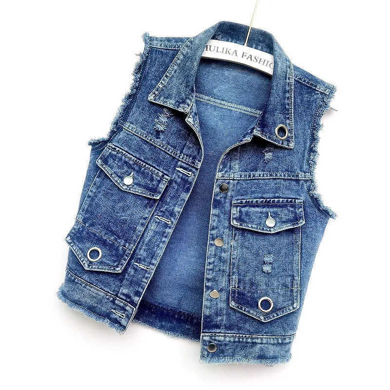 2023 m. Nauja džinsinė liemenė, moteriška korėjietiška džinsų striukė, liemenė, trumpa striukė be rankovių, viršutiniai drabužiai, moteriški viršutiniai drabužiai, 4XL