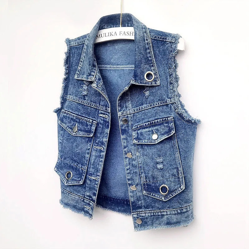 2023 m. Nauja džinsinė liemenė, moteriška korėjietiška džinsų striukė, liemenė, trumpa striukė be rankovių, viršutiniai drabužiai, moteriški viršutiniai drabužiai, 4XL