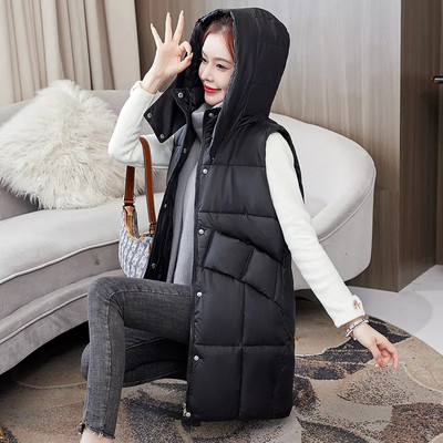 Φθινοπωρινό/Χειμερινό μπουφάν αποσπώμενο βαμβακερό γιλέκο με κουκούλα για γυναίκες Κορεάτικο γιλέκο μεσαίου μήκους αμάνικο μπουφάν Γυναικείο γιλέκο φανελάκι