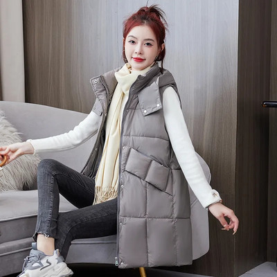 Φθινοπωρινό/Χειμερινό μπουφάν αποσπώμενο βαμβακερό γιλέκο με κουκούλα για γυναίκες Κορεάτικο γιλέκο μεσαίου μήκους αμάνικο μπουφάν Γυναικείο γιλέκο φανελάκι