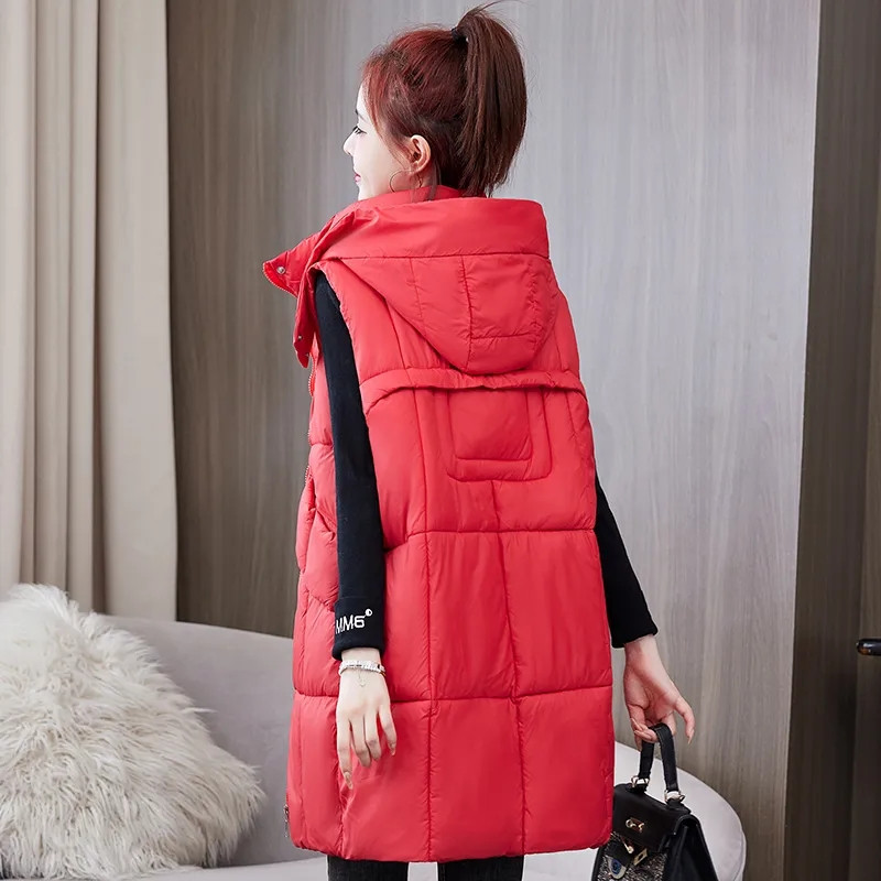 Φθινοπωρινό/Χειμερινό μπουφάν αποσπώμενο βαμβακερό γιλέκο με κουκούλα για γυναίκες Κορεάτικο γιλέκο μεσαίου μήκους αμάνικο μπουφάν Γυναικείο γιλέκο φανελάκι