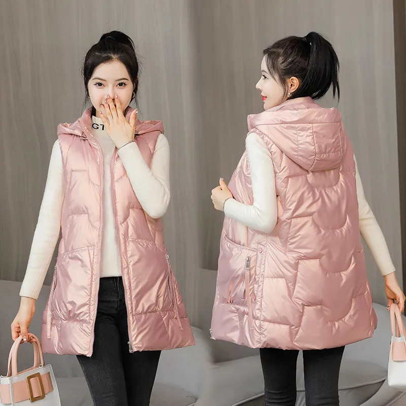 2022. Nova ženska pamučna prsluk jesen-zima Elegantni ženski prsluk Sjajni debeli topli prsluk s kapuljačom Chaleco Mujer 4XL