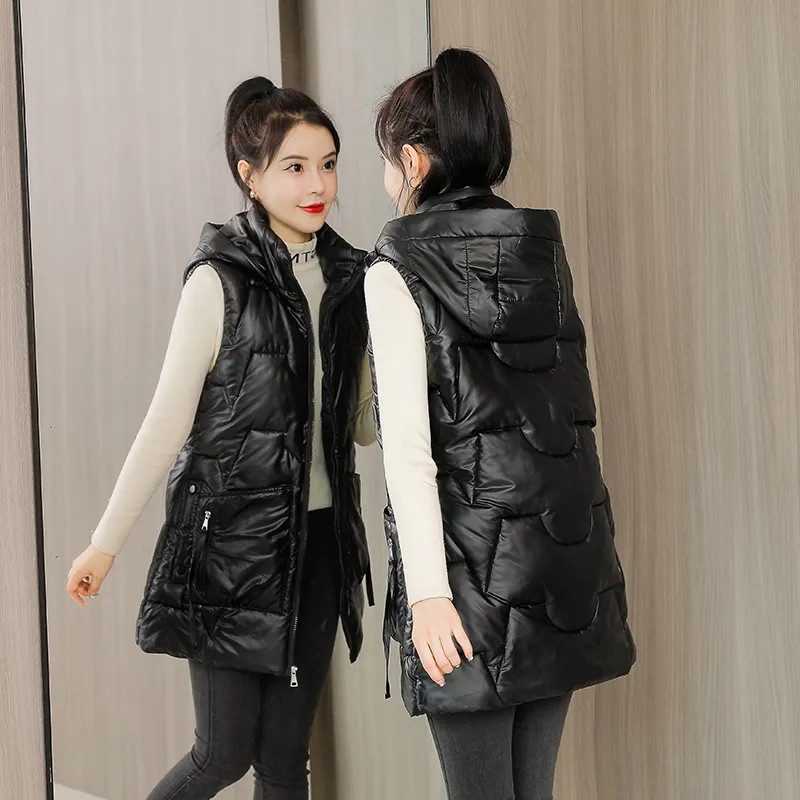 2022. Nova ženska pamučna prsluk jesen-zima Elegantni ženski prsluk Sjajni debeli topli prsluk s kapuljačom Chaleco Mujer 4XL