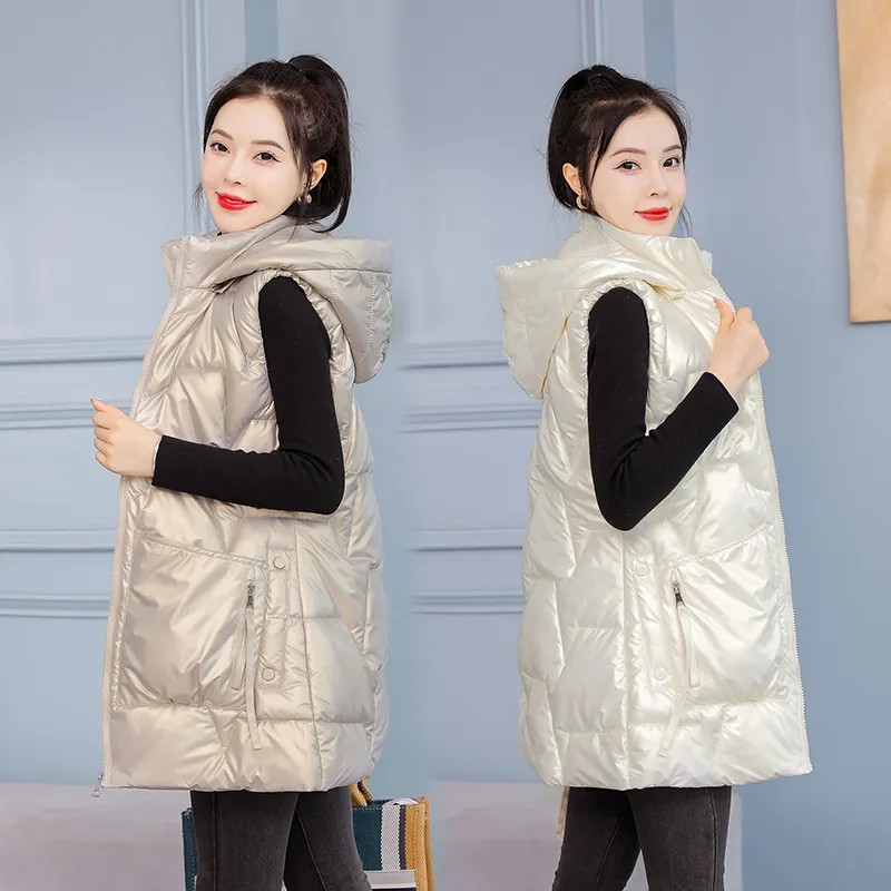 2022. Nova ženska pamučna prsluk jesen-zima Elegantni ženski prsluk Sjajni debeli topli prsluk s kapuljačom Chaleco Mujer 4XL