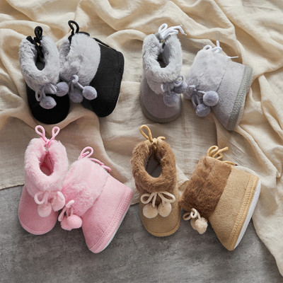 Őszi Téli Meleg Újszülött Lányok Fiúk Hócsizmák Masszív Pompon Toddler Baby Puha Talp Első Walker Bolyhos Aranyos Csúszásmentes Cipők