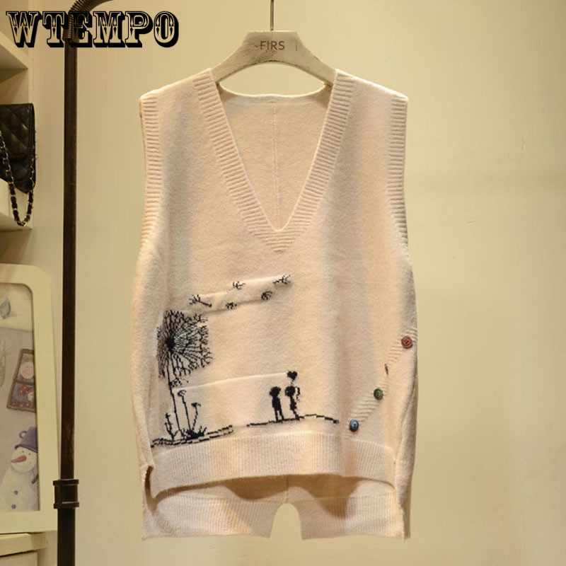 Moteriškas megztinis megztinis liemenė rudens žiemos nauja laisva liemenė su V formos iškirpte Korėjietiška moteriška megzta liemenė