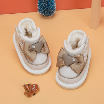 2023 Нови зимни бебешки ботуши за сняг, кожени топли плюшени детски обувки с пеперуди, меки подметки, модни ботуши за момичета
