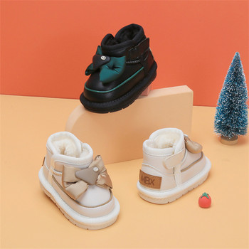 2023 Νέες χειμερινές μπότες χιονιού δερμάτινες μπότες με πεταλούδα ζεστά βελούδινα παιδικά παπούτσια Απαλή σόλα για κορίτσια