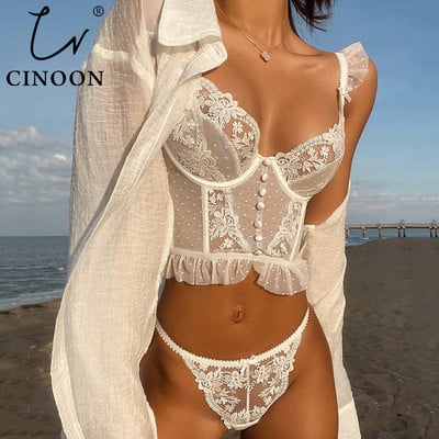 CINOON Lenjerie franceză Set de lenjerie de corp sexy pentru femei Sutien Push Up Dantela Sutien transparent Seturi de chiloți de nuntă Lenjerie de corp albă subțire