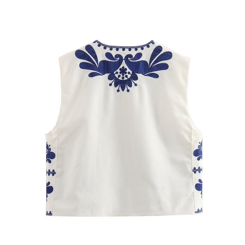 UNIZERA2023 Vestă de toamnă nouă pentru femei, cu gât rotund, cu broderie contrastantă, fără mâneci