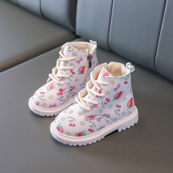 Бебешки момичета Зимни водоустойчиви памучни топли кожени ботуши в британски стил 2023 Есенни детски сладки ягодови ботуши Детски обувки