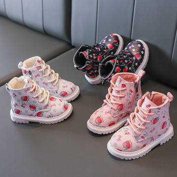 Бебешки момичета Зимни водоустойчиви памучни топли кожени ботуши в британски стил 2023 Есенни детски сладки ягодови ботуши Детски обувки