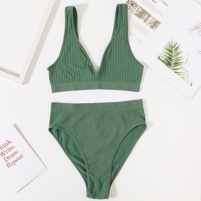 Komplet bešavnih grudnjaka od 2 komada Ženske seksi gaćice visokog struka Komplet sportskog donjeg rublja Deep V Bralette Rebrasti grudnjak Komplet ženskog donjeg rublja