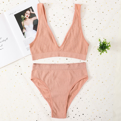Komplet bešavnih grudnjaka od 2 komada Ženske seksi gaćice visokog struka Komplet sportskog donjeg rublja Deep V Bralette Rebrasti grudnjak Komplet ženskog donjeg rublja