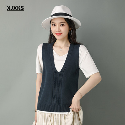 XJXKS 2022, primăvară și toamnă, vestă tricotată nouă pentru femei, pulover fără mâneci, top tricotat din lână de înaltă calitate