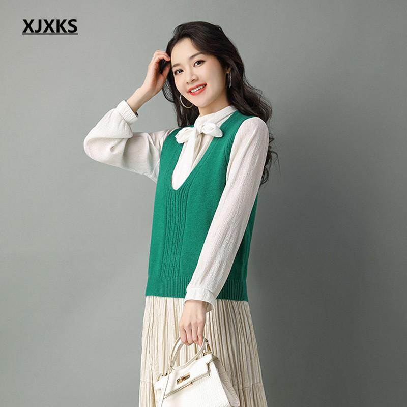 XJXKS 2022, primăvară și toamnă, vestă tricotată nouă pentru femei, pulover fără mâneci, top tricotat din lână de înaltă calitate