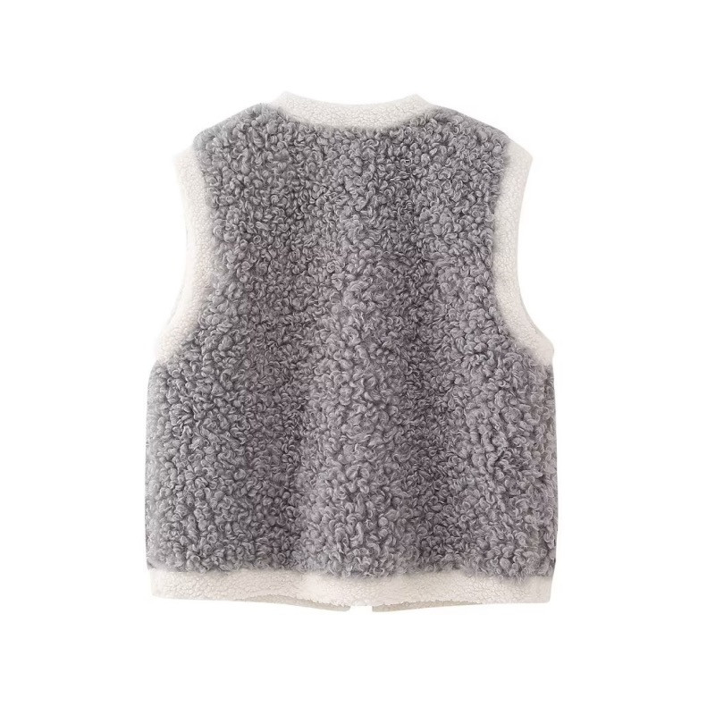 2023 noi femei, colorate contrastante, vestă de pluș, modă, cu decolteu în V, fără mâneci, caldă, cardigan, vestă, tendință, ocazional, stil stradal