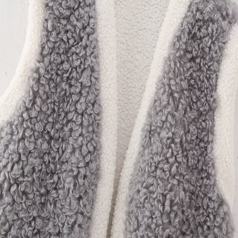 2023 noi femei, colorate contrastante, vestă de pluș, modă, cu decolteu în V, fără mâneci, caldă, cardigan, vestă, tendință, ocazional, stil stradal