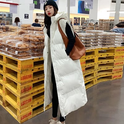 Laisvos medvilninės liemenės su ilgu gobtuvu, žieminės, šiltos storos paltai, negabaritinės moteriškos liemenės korėjietiška elegantiška striukė be rankovių