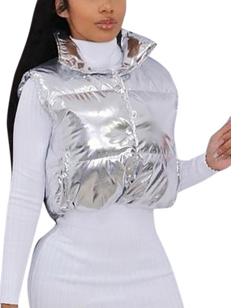 Χειμερινό ασημένιο γιλέκο με επένδυση γυαλιστερό μεταλλικό μονόχρωμο γιακά με καπιτονέ γιλέκο κοντό υπαίθριο ρούχο