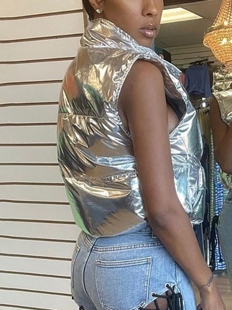 Χειμερινό ασημένιο γιλέκο με επένδυση γυαλιστερό μεταλλικό μονόχρωμο γιακά με καπιτονέ γιλέκο κοντό υπαίθριο ρούχο