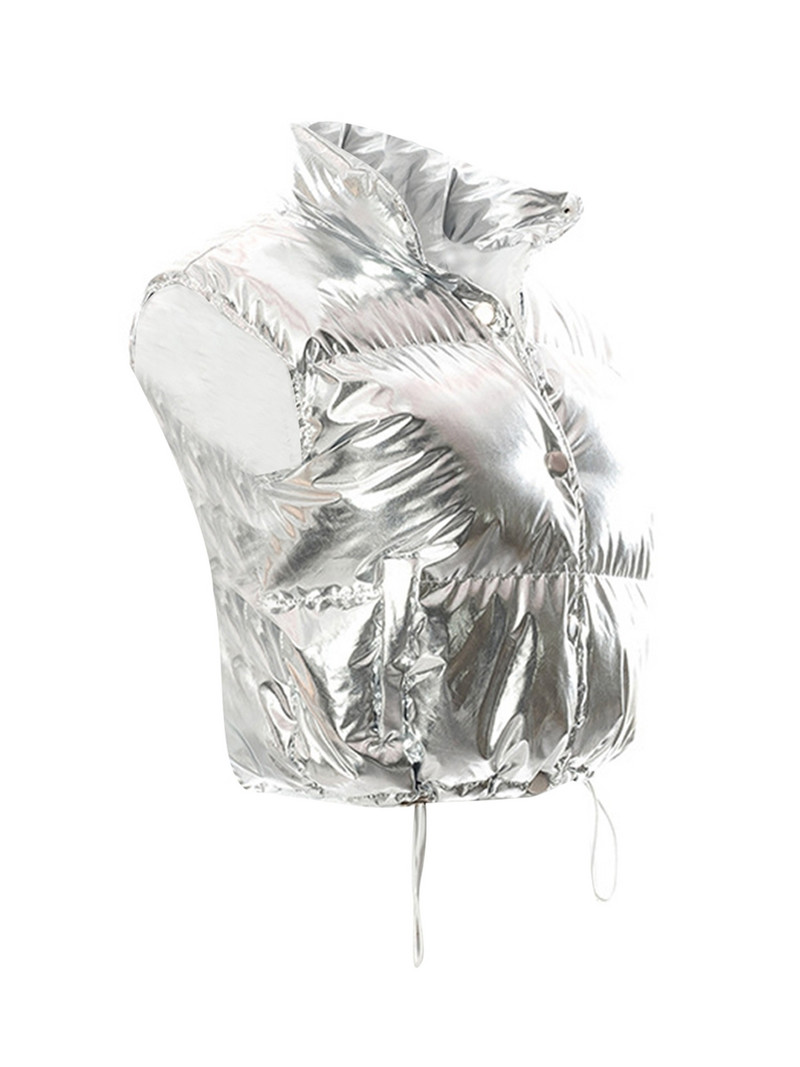 Χειμερινό ασημένιο γιλέκο με επένδυση γυαλιστερό μεταλλικό μονόχρωμο γιακά με καπιτονέ γιλέκο κοντό υπαίθριο ρούχο