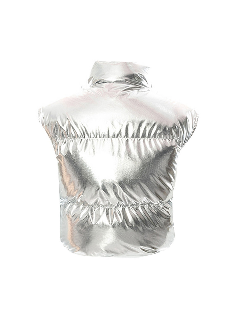 Χειμερινό ασημένιο γιλέκο με επένδυση γυαλιστερό μεταλλικό μονόχρωμο γιακά με καπιτονέ γιλέκο κοντό υπαίθριο ρούχο