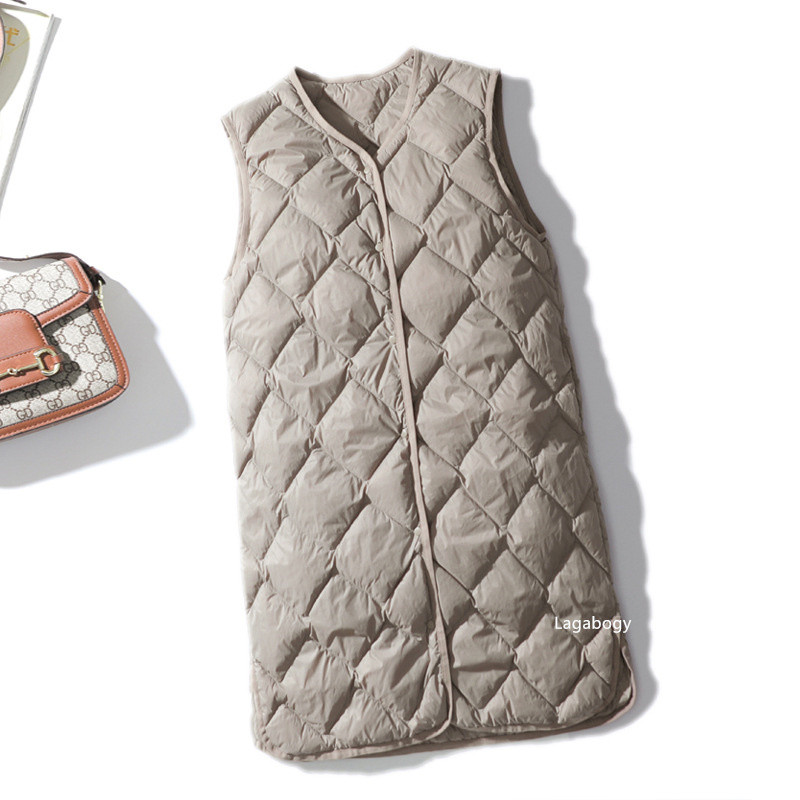 Lagabogy 2023 Nou Toamnă Iarnă Femei Ultra Ușoare 90% Puf de Rață Alb Vestă Lungă Femeie Un singur piept Gâtul în V Guler Fără mâneci