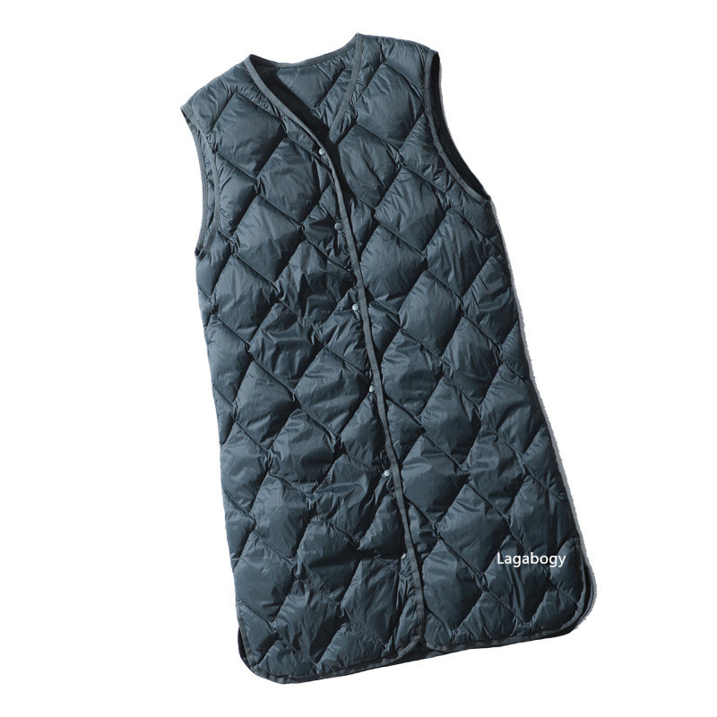 Lagabogy 2023 Nou Toamnă Iarnă Femei Ultra Ușoare 90% Puf de Rață Alb Vestă Lungă Femeie Un singur piept Gâtul în V Guler Fără mâneci