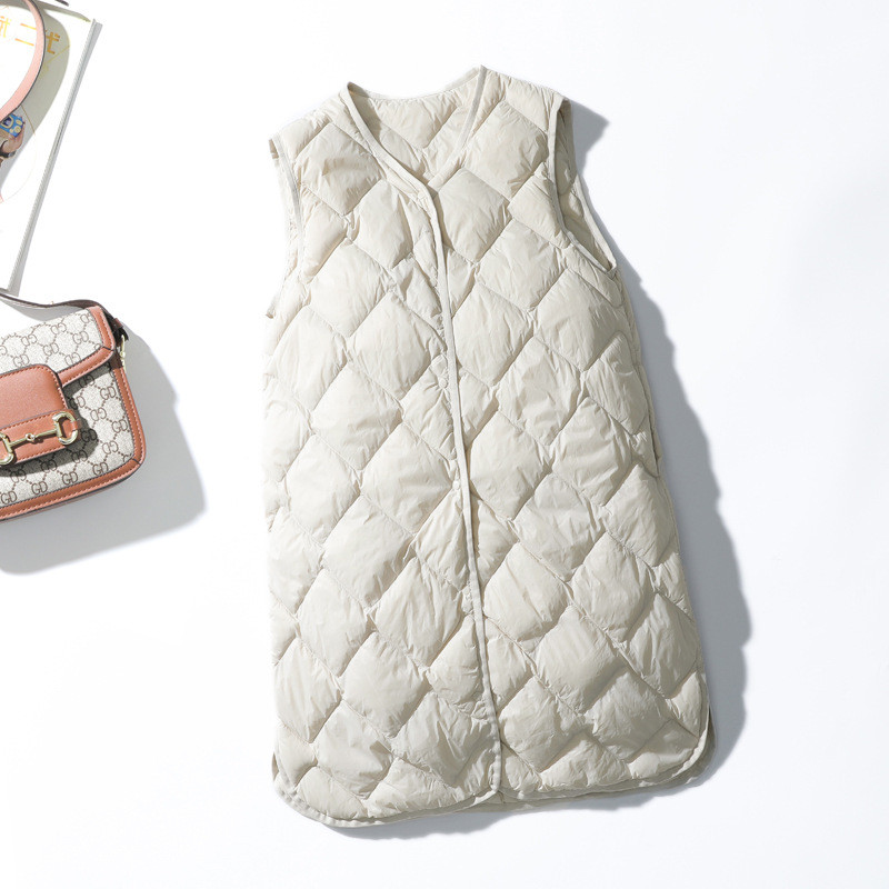 Lagabogy 2023 Nou Toamnă Iarnă Femei Ultra Ușoare 90% Puf de Rață Alb Vestă Lungă Femeie Un singur piept Gâtul în V Guler Fără mâneci