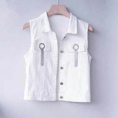 Vestă de blugi pentru femei, cu un singur piept, 2023, primăvară, vară, ocazional, cu guler răsucit, cu ciucuri, fără mâneci, haină scurtă de blugi Streetwear pentru femei