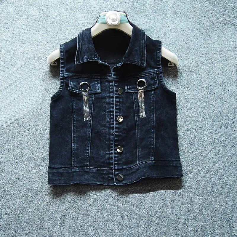 Vestă de blugi pentru femei, cu un singur piept, 2023, primăvară, vară, ocazional, cu guler răsucit, cu ciucuri, fără mâneci, haină scurtă de blugi Streetwear pentru femei