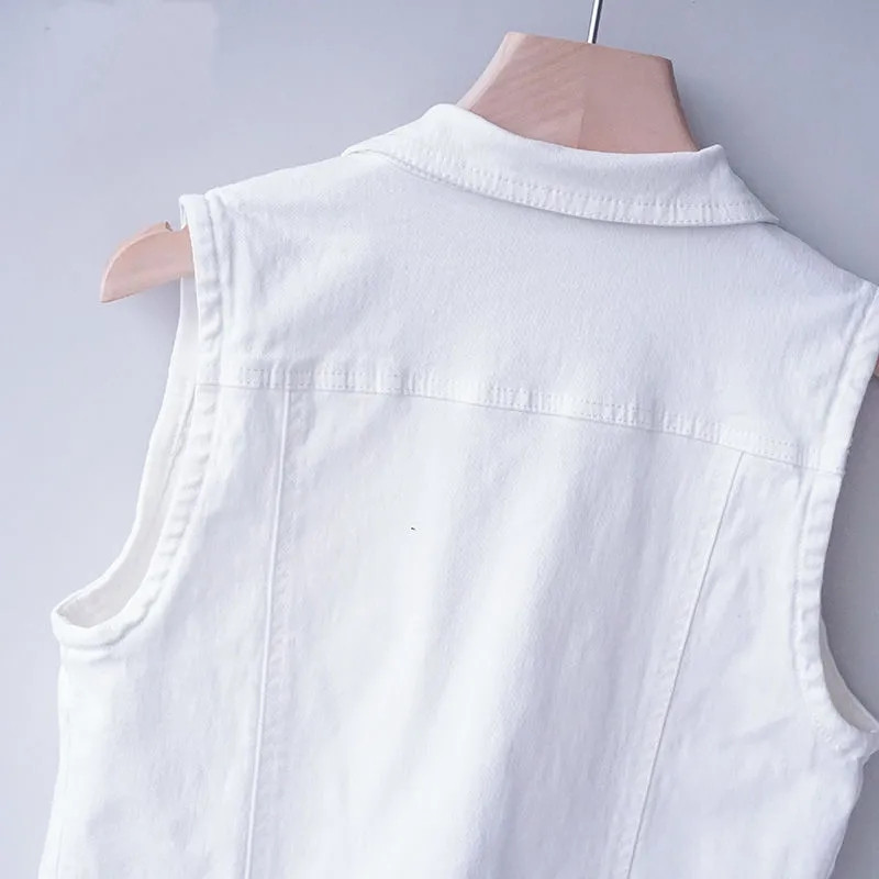 Vestă de blugi pentru femei, cu un singur piept, 2023, primăvară, vară, ocazional, cu guler răsucit, cu ciucuri, fără mâneci, haină scurtă de blugi Streetwear pentru femei