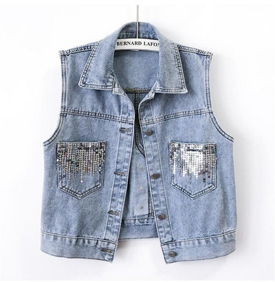 Modni traper prsluci sa šljokicama Ženske proljeće Ljeto Kratka jakna bez rukava Ležerna jednoredno kopčanje Preveliki jean prsluk Ženski gornji dio