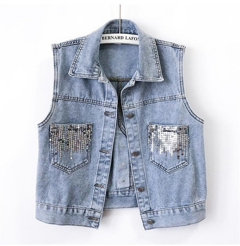 Modni traper prsluci sa šljokicama Ženske proljeće Ljeto Kratka jakna bez rukava Ležerna jednoredno kopčanje Preveliki jean prsluk Ženski gornji dio