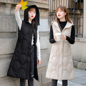 Vestă din bumbac pentru femei, toamnă iarnă, vestă cu glugă, vestă lungă, caldă, haină solidă, cu fermoar, fără mâneci, jachetă din bumbac, pentru femei, 4XL